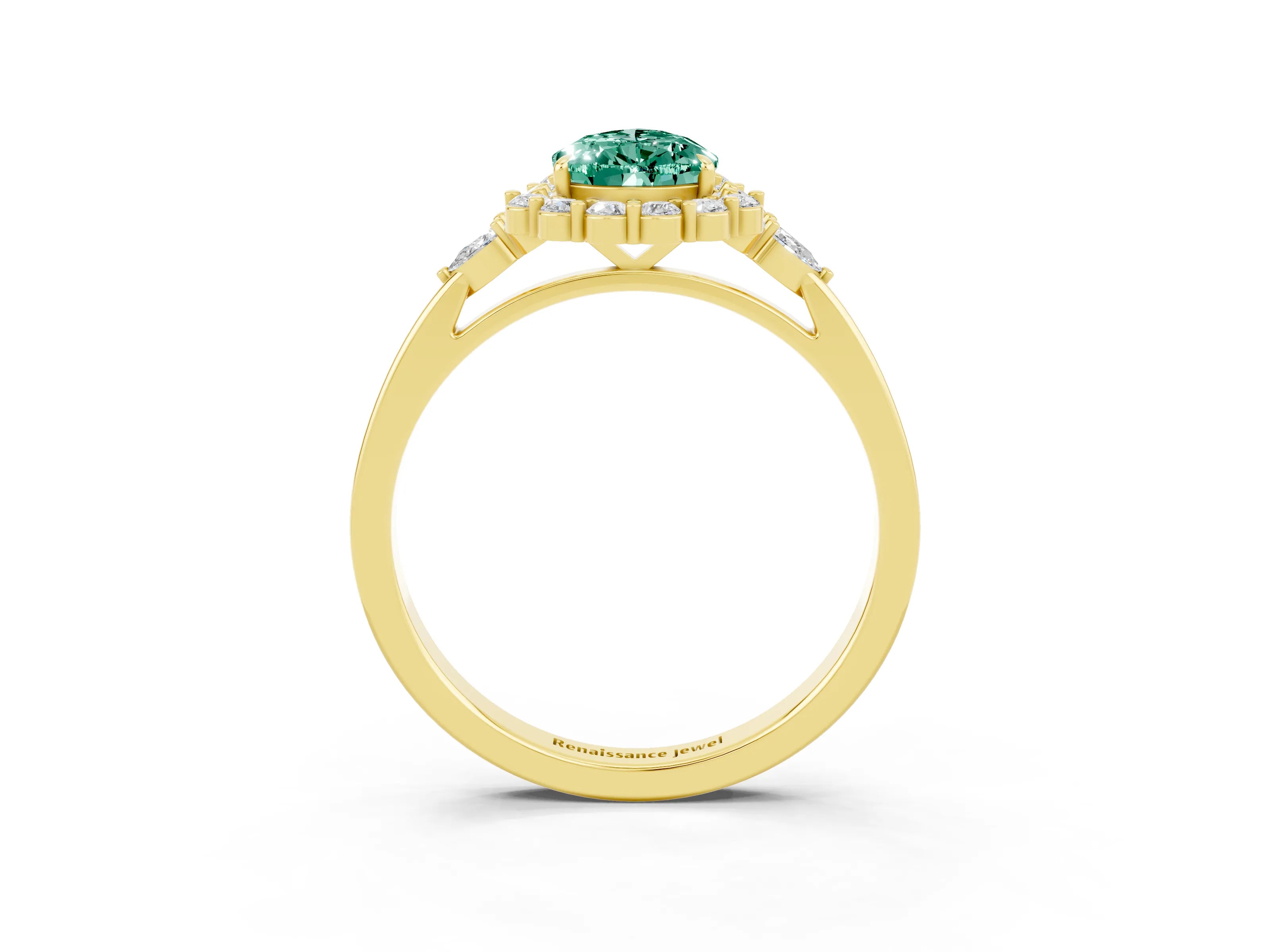 Yellow gold Pear Cut Green Sapphire Halo Ring with Pear Side Stones and Prong Setting_15