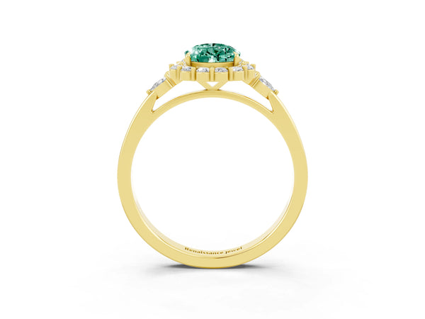 Yellow gold Pear Cut Green Sapphire Halo Ring with Pear Side Stones and Prong Setting