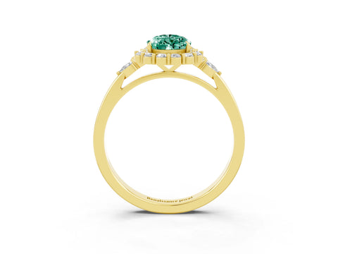 Yellow gold Pear Cut Green Sapphire Halo Ring with Pear Side Stones and Prong Setting_15