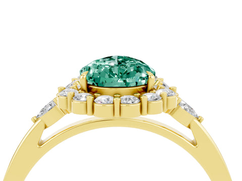 Yellow gold Pear Cut Green Sapphire Halo Ring with Pear Side Stones and Prong Setting_16