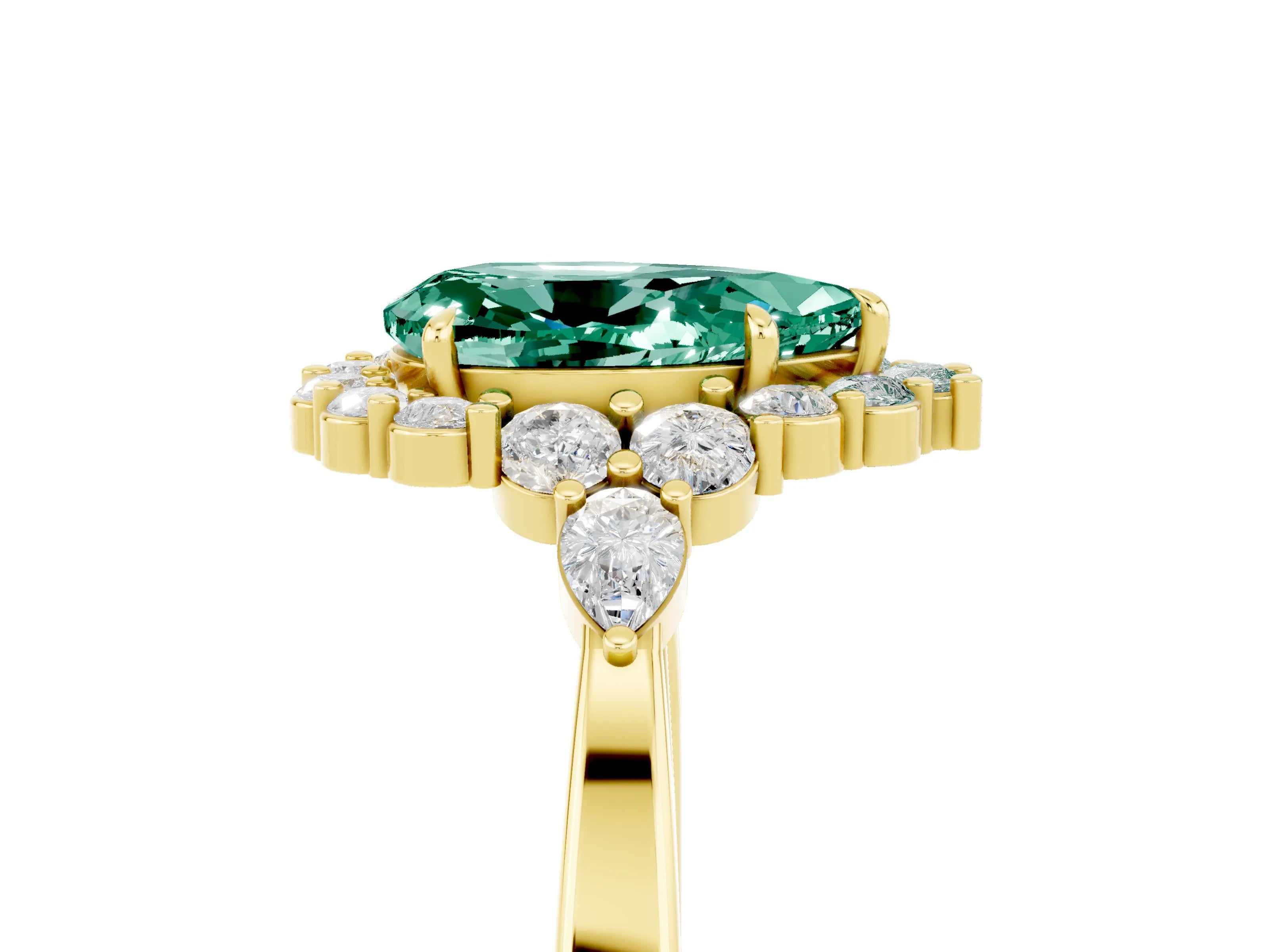 Yellow gold Pear Cut Green Sapphire Halo Ring with Pear Side Stones and Prong Setting_17