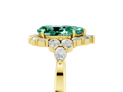 Yellow gold Pear Cut Green Sapphire Halo Ring with Pear Side Stones and Prong Setting_17