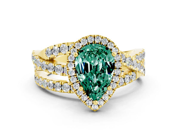 Yellow gold Pear Cut Green Sapphire Halo Ring with Round Split Shank and Prong Setting
