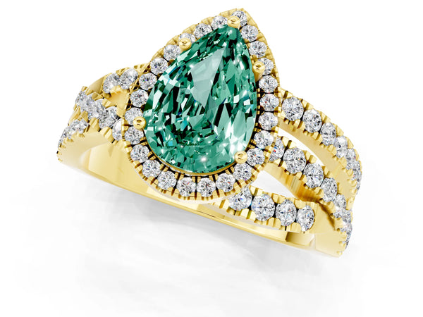 Yellow gold Pear Cut Green Sapphire Halo Ring with Round Split Shank and Prong Setting