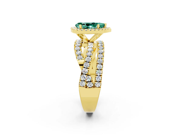 Yellow gold Pear Cut Green Sapphire Halo Ring with Round Split Shank and Prong Setting