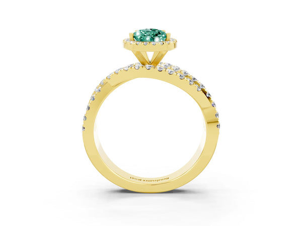 Yellow gold Pear Cut Green Sapphire Halo Ring with Round Split Shank and Prong Setting