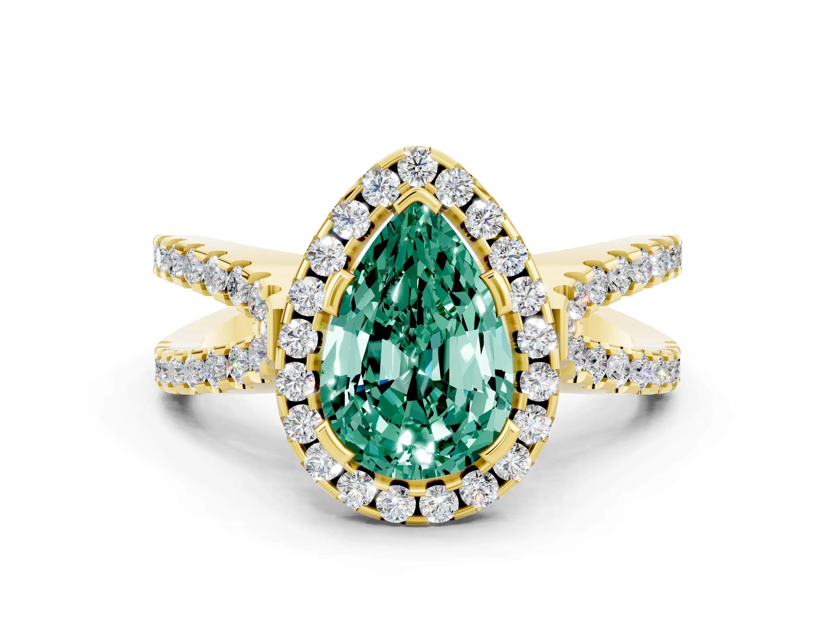 Yellow gold Pear Cut Green Sapphire Halo Ring with Split Shank Pavé Band and Prong Setting