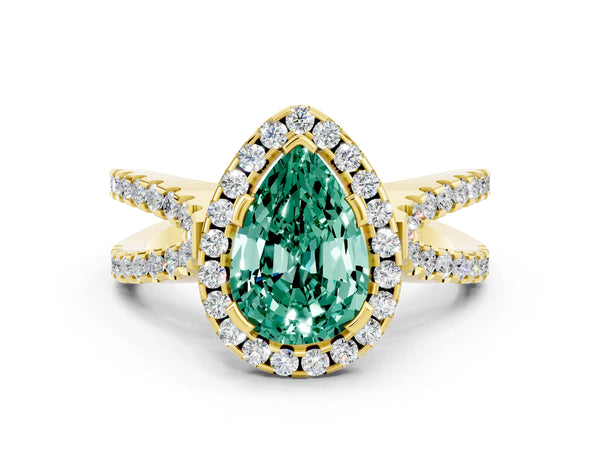 Yellow gold Pear Cut Green Sapphire Halo Ring with Split Shank Pavé Band and Prong Setting