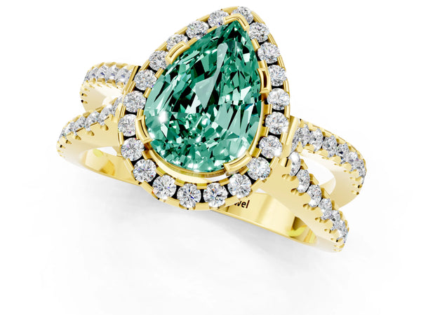 Yellow gold Pear Cut Green Sapphire Halo Ring with Split Shank Pavé Band and Prong Setting