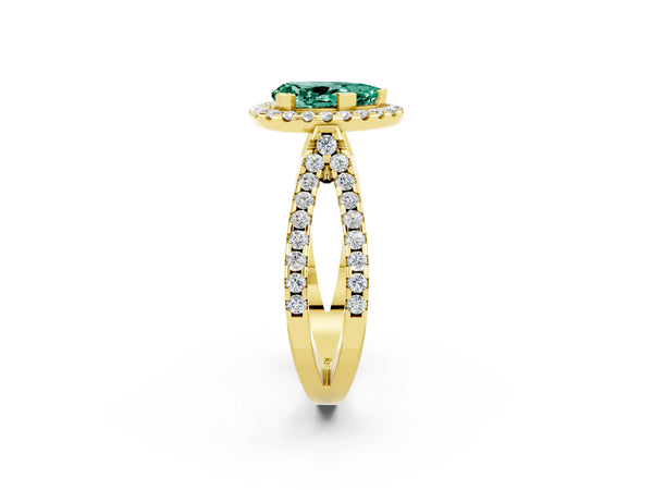 Yellow gold Pear Cut Green Sapphire Halo Ring with Split Shank Pavé Band and Prong Setting