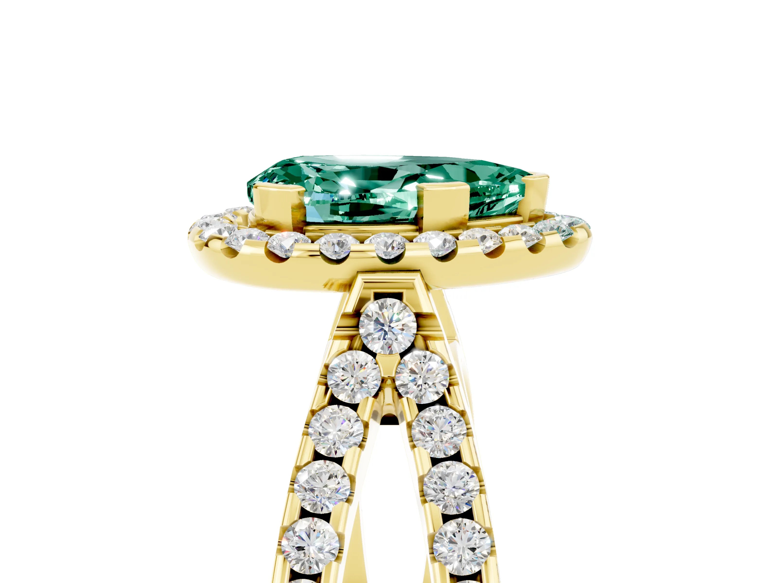 Yellow gold Pear Cut Green Sapphire Halo Ring with Split Shank Pavé Band and Prong Setting_5
