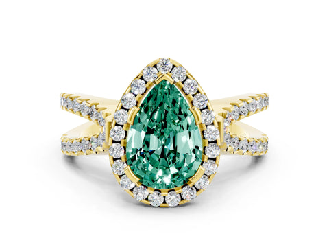 Yellow gold Pear Cut Green Sapphire Halo Ring with Split Shank Pavé Band and Prong Setting
