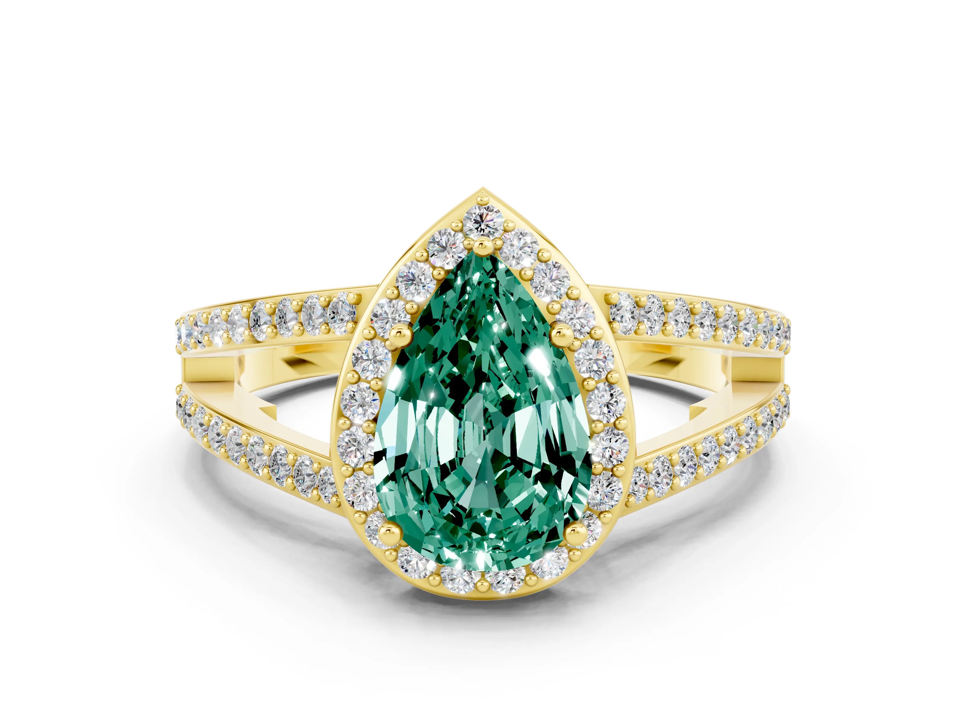 Yellow gold Pear Cut Green Sapphire Halo Ring with Split Shank U-Prong Band and Four-Prong Setting
