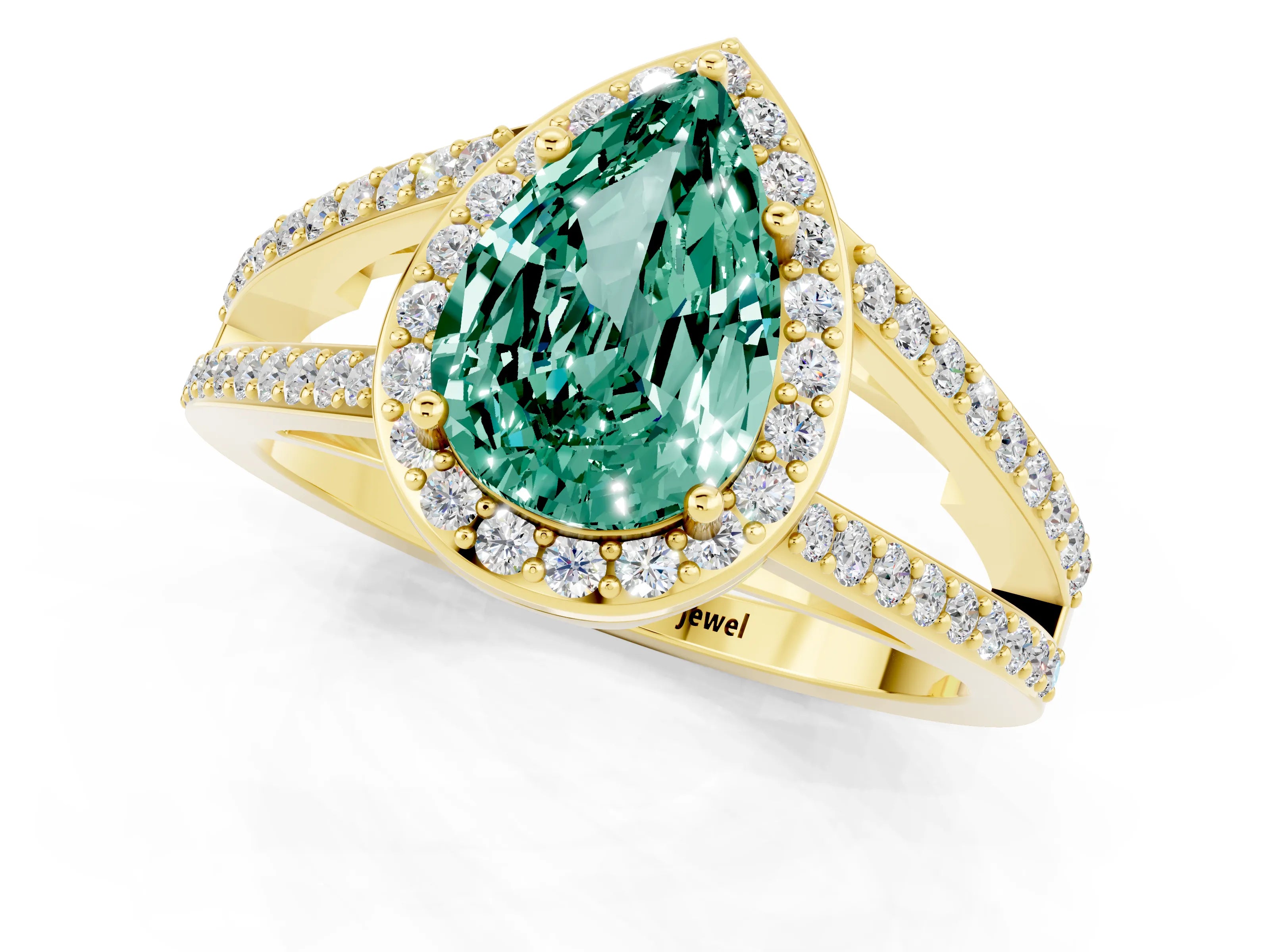 Yellow gold Pear Cut Green Sapphire Halo Ring with Split Shank U-Prong Band and Four-Prong Setting_1