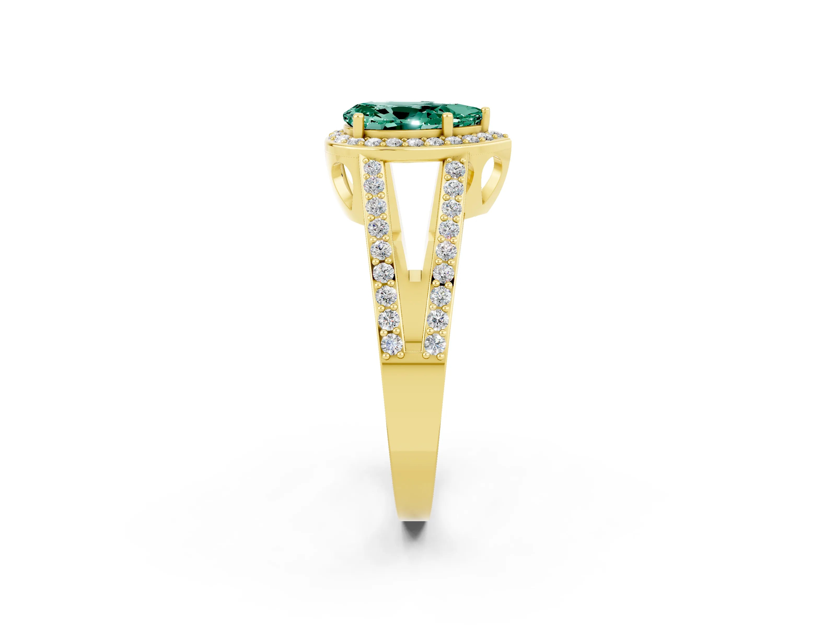 Yellow gold Pear Cut Green Sapphire Halo Ring with Split Shank U-Prong Band and Four-Prong Setting_2