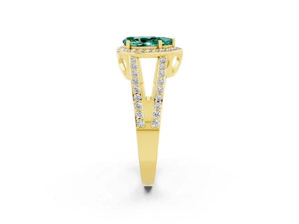 Yellow gold Pear Cut Green Sapphire Halo Ring with Split Shank U-Prong Band and Four-Prong Setting