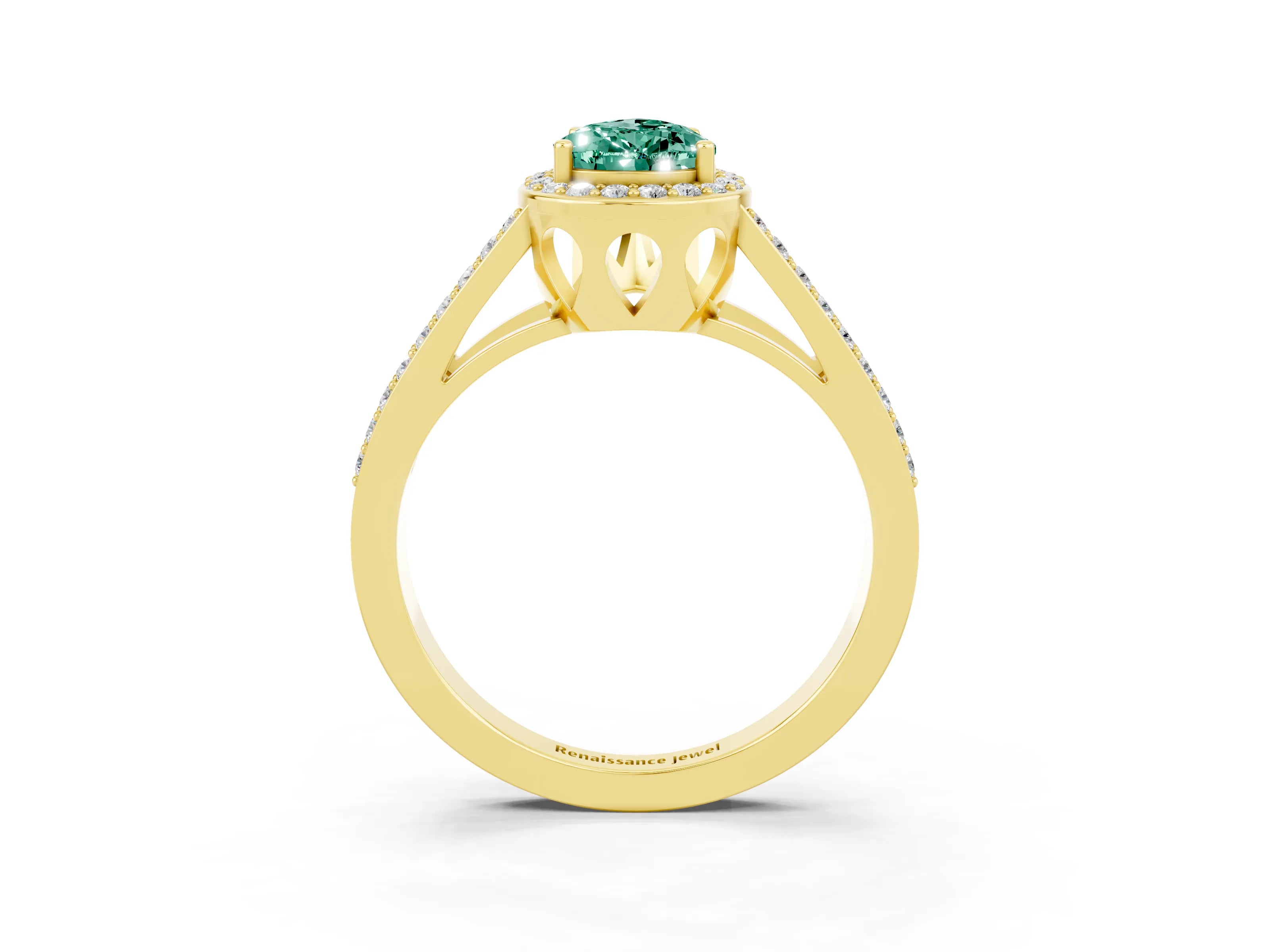 Yellow gold Pear Cut Green Sapphire Halo Ring with Split Shank U-Prong Band and Four-Prong Setting_3