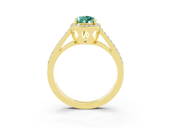Yellow gold Pear Cut Green Sapphire Halo Ring with Split Shank U-Prong Band and Four-Prong Setting