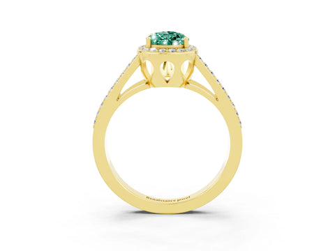 Yellow gold Pear Cut Green Sapphire Halo Ring with Split Shank U-Prong Band and Four-Prong Setting_3