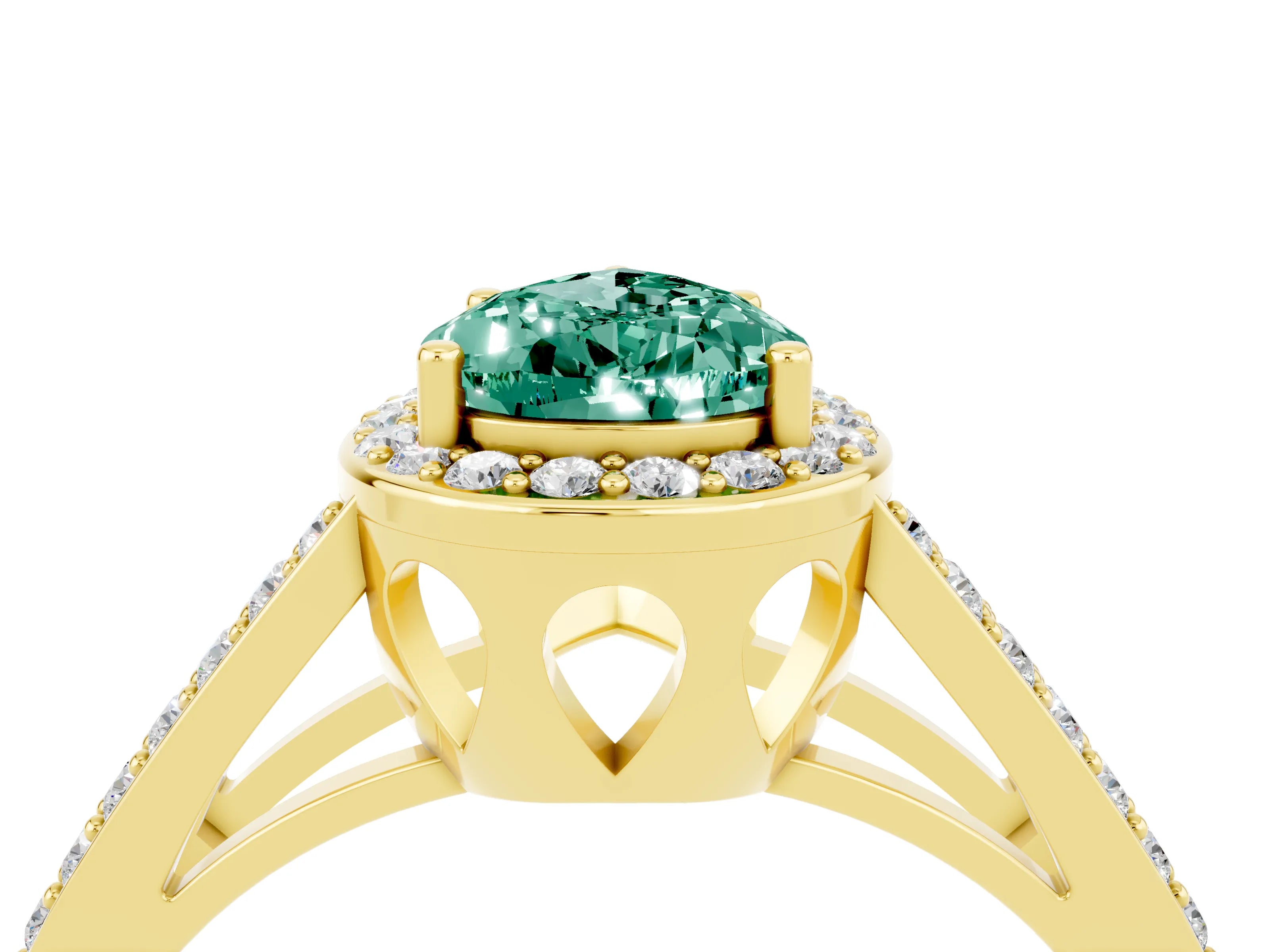 Yellow gold Pear Cut Green Sapphire Halo Ring with Split Shank U-Prong Band and Four-Prong Setting_4