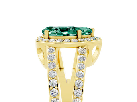 Yellow gold Pear Cut Green Sapphire Halo Ring with Split Shank U-Prong Band and Four-Prong Setting_5
