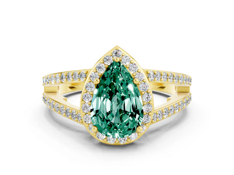 Yellow gold Pear Cut Green Sapphire Halo Ring with Split Shank U-Prong Band and Four-Prong Setting