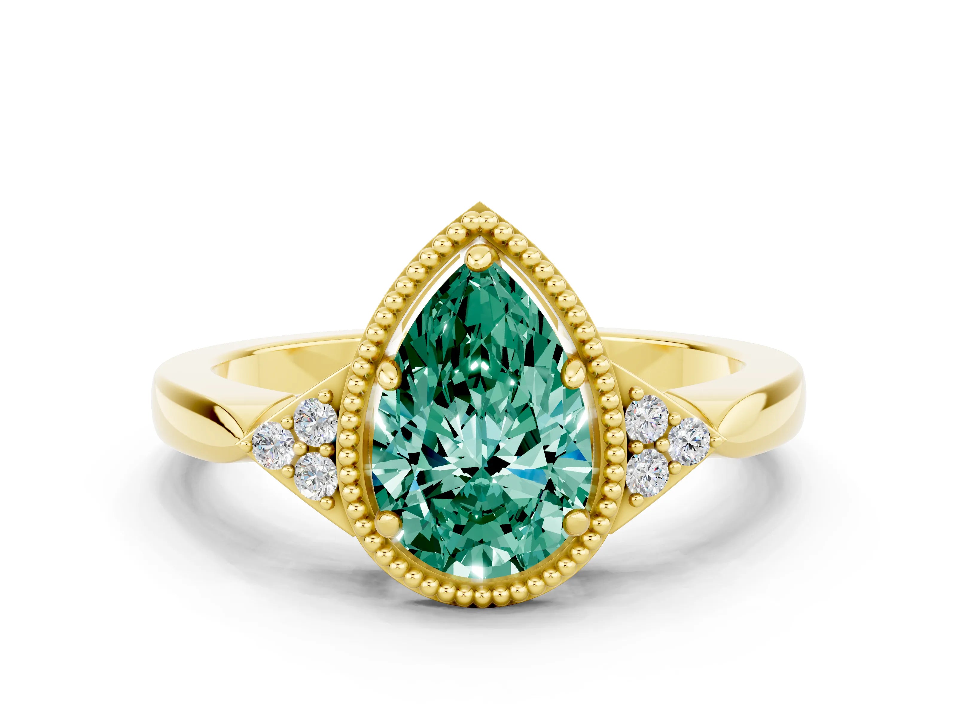 Yellow gold Pear Cut Green Sapphire Halo Ring with Tapered Band and Four-Prong Setting