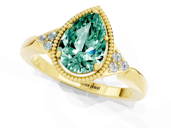 Yellow gold Pear Cut Green Sapphire Halo Ring with Tapered Band and Four-Prong Setting