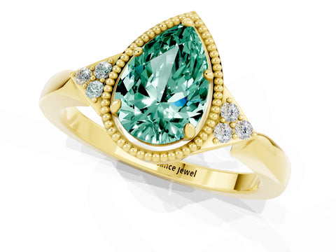 Yellow gold Pear Cut Green Sapphire Halo Ring with Tapered Band and Four-Prong Setting_1