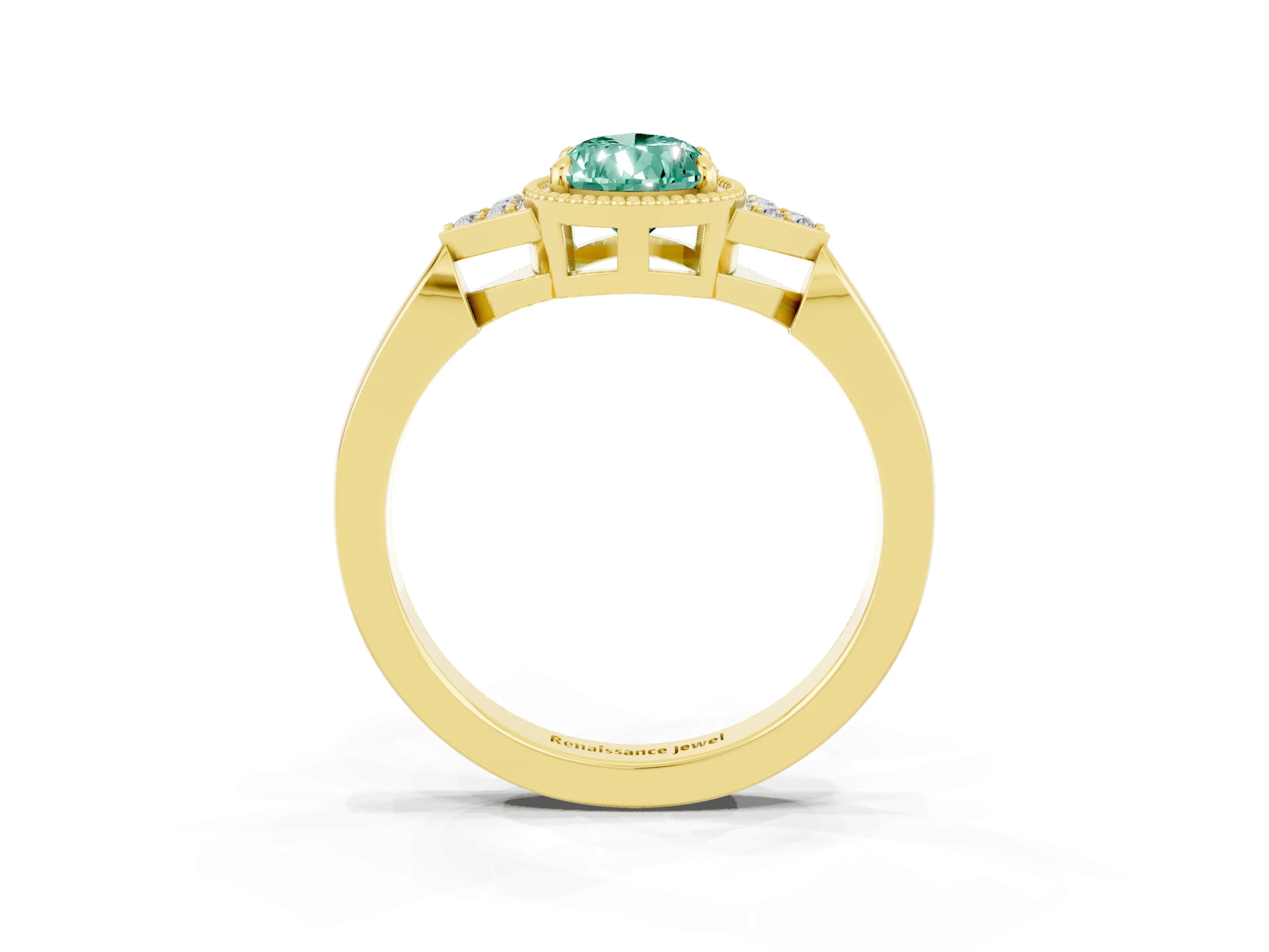 Yellow gold Pear Cut Green Sapphire Halo Ring with Tapered Band and Four-Prong Setting_3