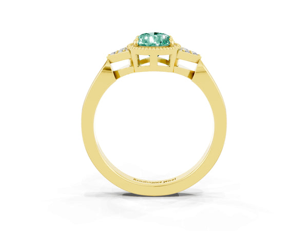 Yellow gold Pear Cut Green Sapphire Halo Ring with Tapered Band and Four-Prong Setting
