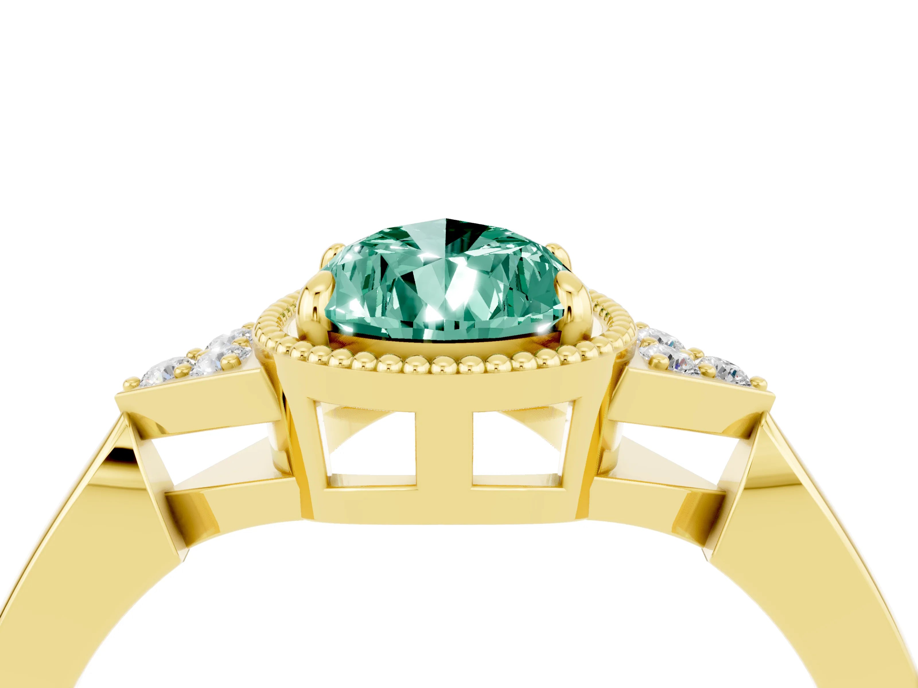 Yellow gold Pear Cut Green Sapphire Halo Ring with Tapered Band and Four-Prong Setting_4