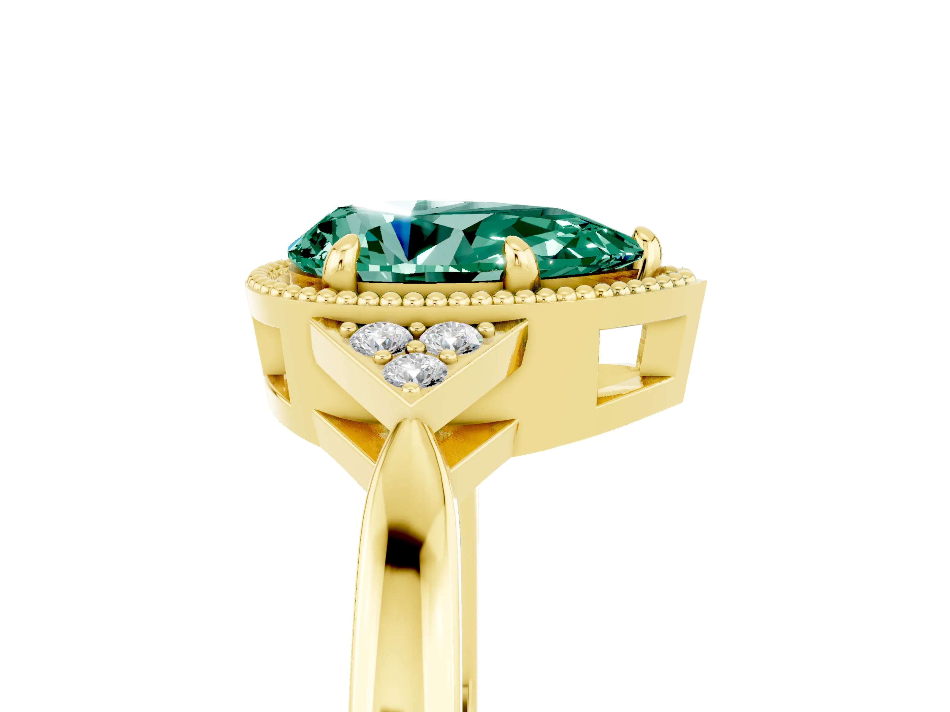 Yellow gold Pear Cut Green Sapphire Halo Ring with Tapered Band and Four-Prong Setting_5
