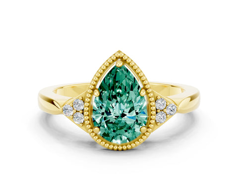 Yellow gold Pear Cut Green Sapphire Halo Ring with Tapered Band and Four-Prong Setting