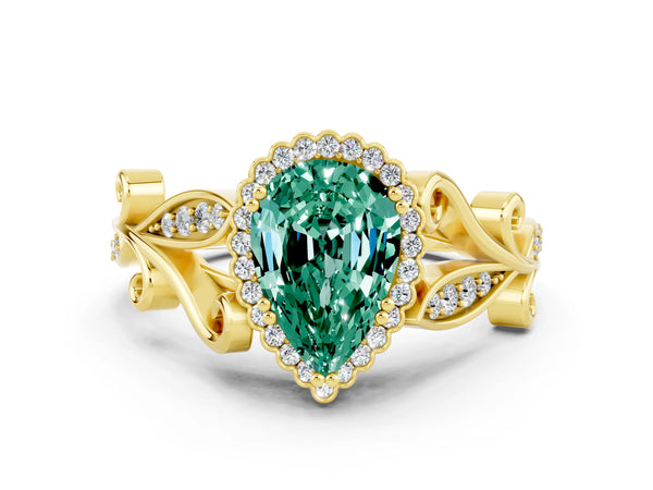 Yellow gold Pear Cut Green Sapphire Halo Ring with Vintage Split Shank and Four-Prong Setting