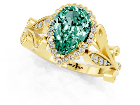 Yellow gold Pear Cut Green Sapphire Halo Ring with Vintage Split Shank and Four-Prong Setting_1
