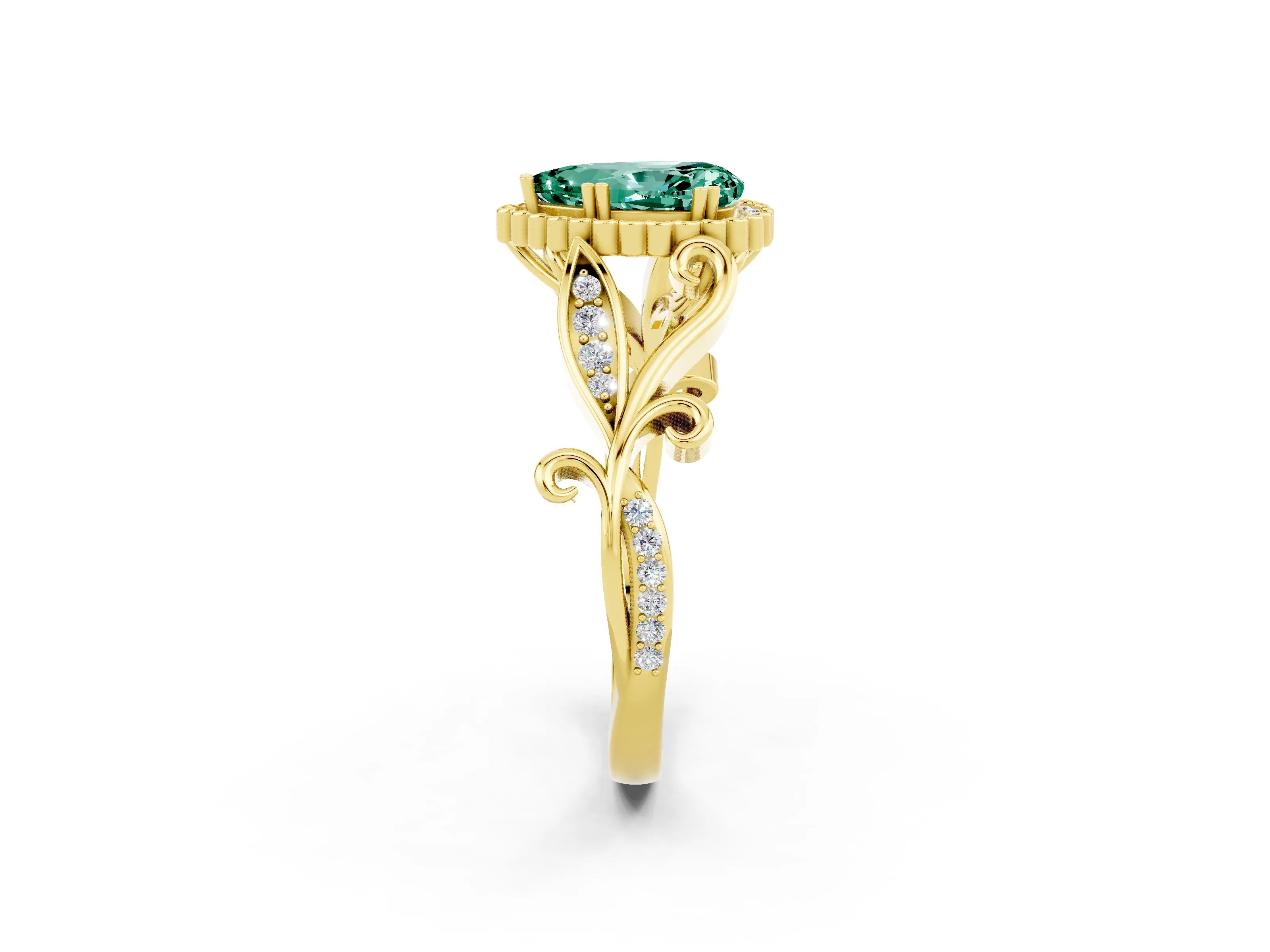 Yellow gold Pear Cut Green Sapphire Halo Ring with Vintage Split Shank and Four-Prong Setting_2