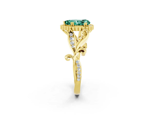 Yellow gold Pear Cut Green Sapphire Halo Ring with Vintage Split Shank and Four-Prong Setting