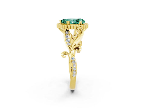 Yellow gold Pear Cut Green Sapphire Halo Ring with Vintage Split Shank and Four-Prong Setting_2