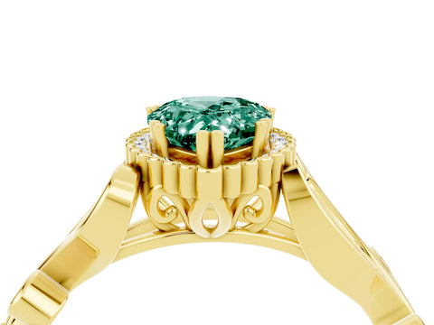 Yellow gold Pear Cut Green Sapphire Halo Ring with Vintage Split Shank and Four-Prong Setting_4