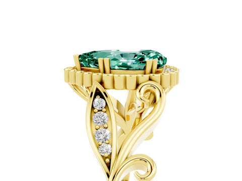 Yellow gold Pear Cut Green Sapphire Halo Ring with Vintage Split Shank and Four-Prong Setting_5