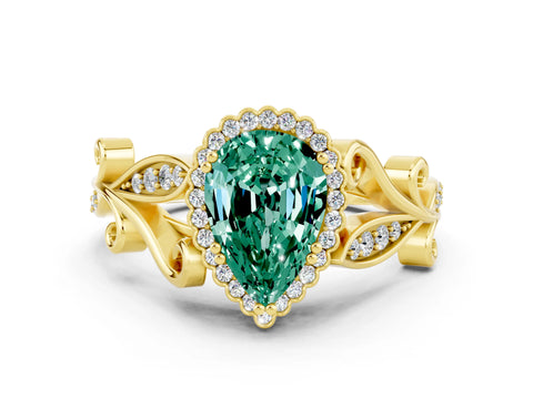 Yellow gold Pear Cut Green Sapphire Halo Ring with Vintage Split Shank and Four-Prong Setting