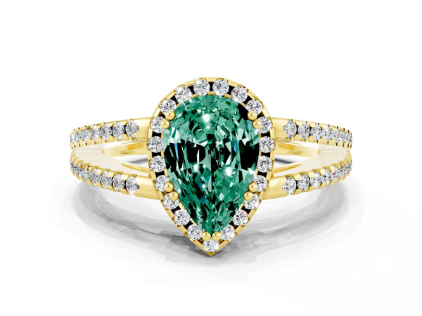 Yellow gold Pear Cut Green Sapphire Halo Split Shank Engagement Ring