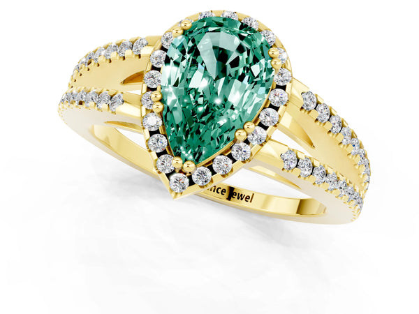 Yellow gold Pear Cut Green Sapphire Halo Split Shank Engagement Ring