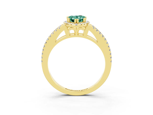 Yellow gold Pear Cut Green Sapphire Halo Split Shank Engagement Ring