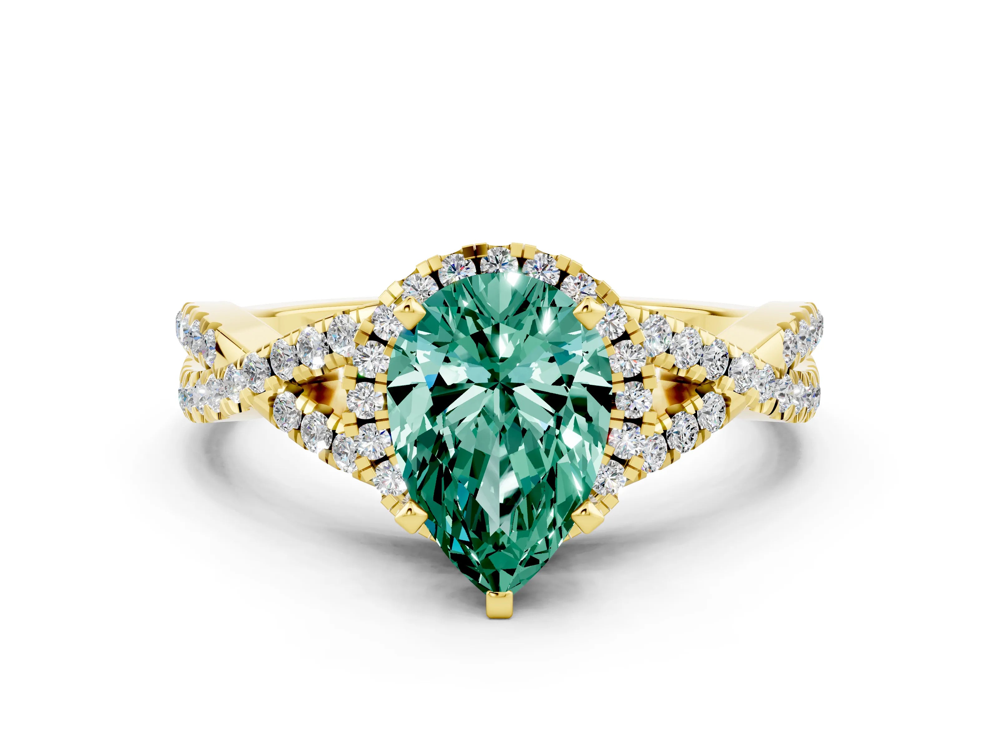 Yellow gold Pear Cut Green Sapphire Halo Twist Band Solitaire Prong Setting Ring
