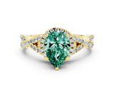 Yellow gold Pear Cut Green Sapphire Halo Twist Band Solitaire Prong Setting Ring