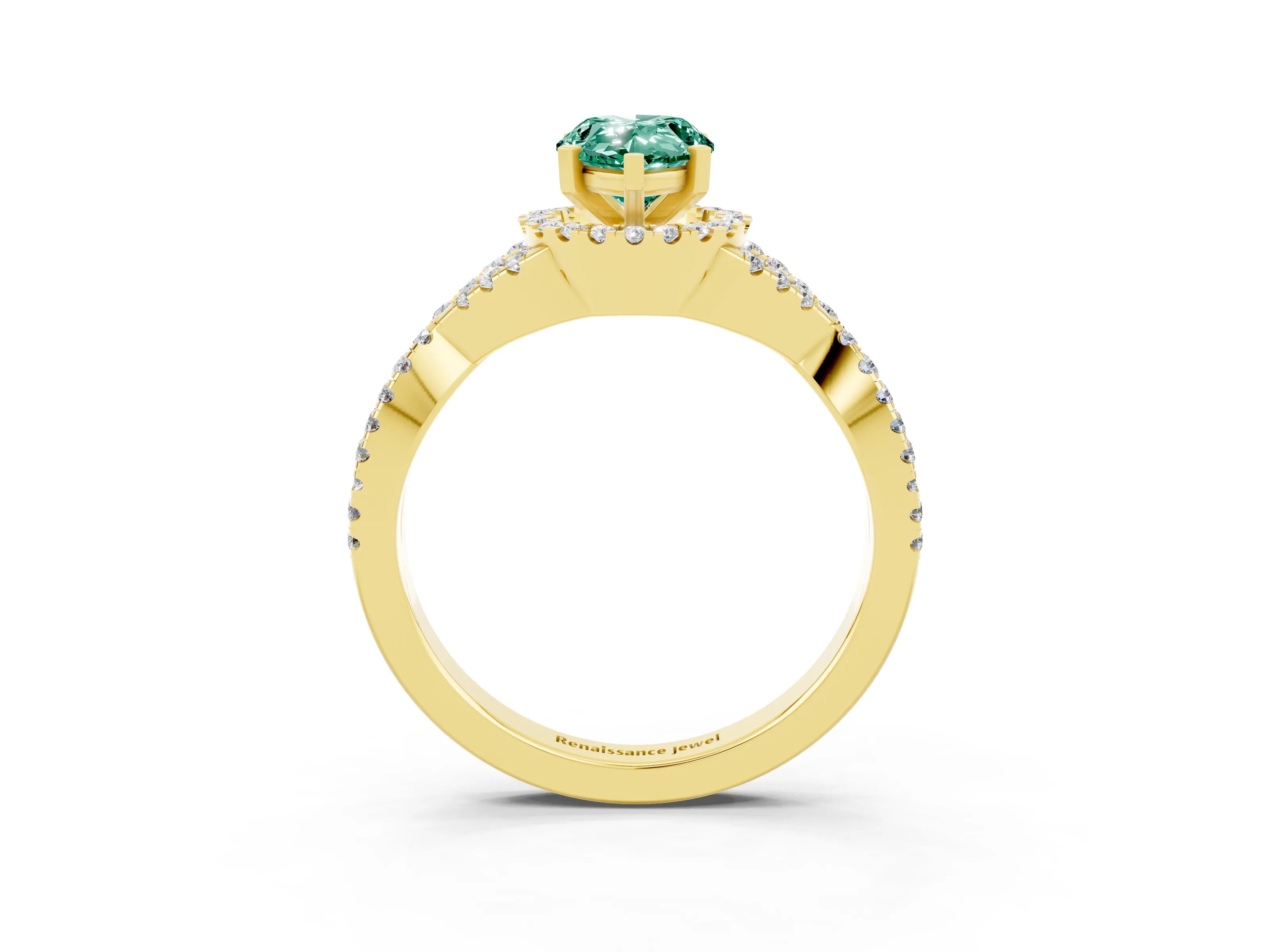 Yellow gold Pear Cut Green Sapphire Halo Twist Band Solitaire Prong Setting Ring_3