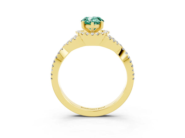 Yellow gold Pear Cut Green Sapphire  Halo Twist Band Solitaire Prong Setting Ring