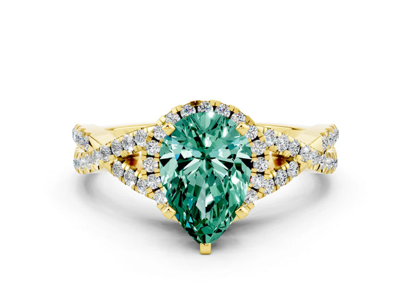 Yellow gold Pear Cut Green Sapphire  Halo Twist Band Solitaire Prong Setting Ring